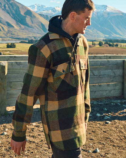 Checkamo Coloured Swanndri Mens Ranger Wool Zip Front Bushshirt on outdoor background 