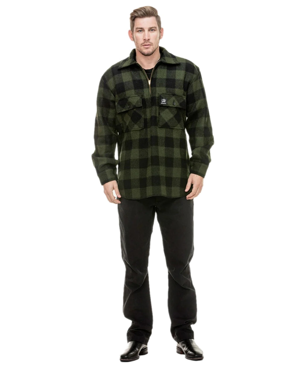 Olive Black Check Coloured Swanndri Mens Ranger Wool Zip Front Bushshirt on white background 