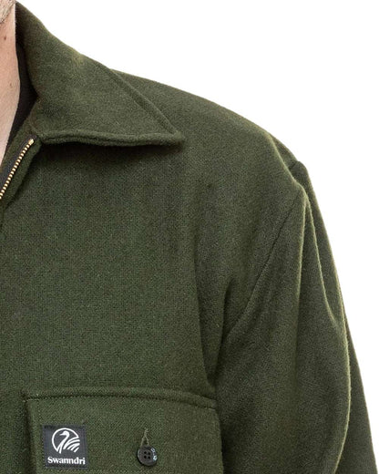Olive Coloured Swanndri Mens Ranger Wool Zip Front Bushshirt on white background 