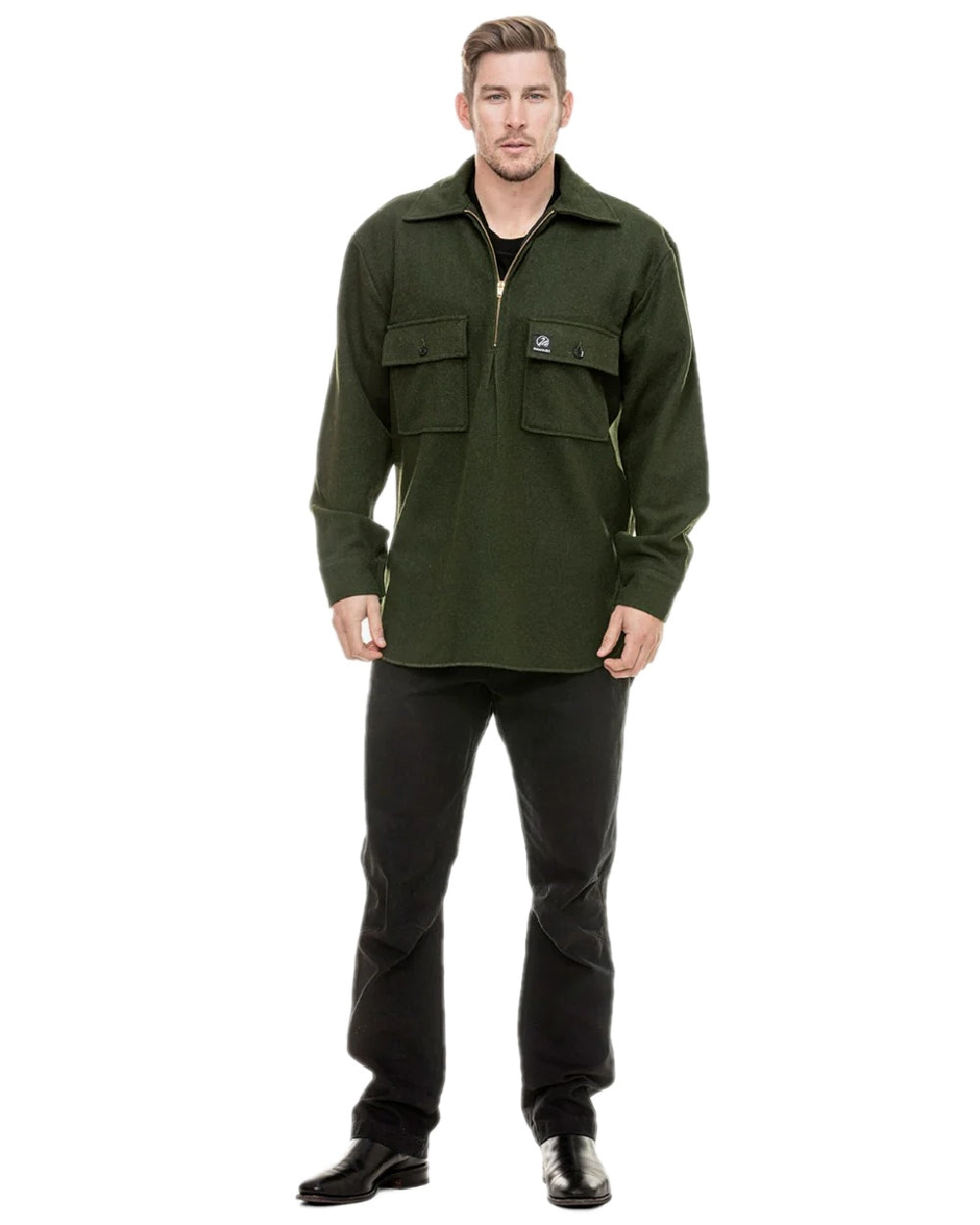 Olive Coloured Swanndri Mens Ranger Wool Zip Front Bushshirt on white background 