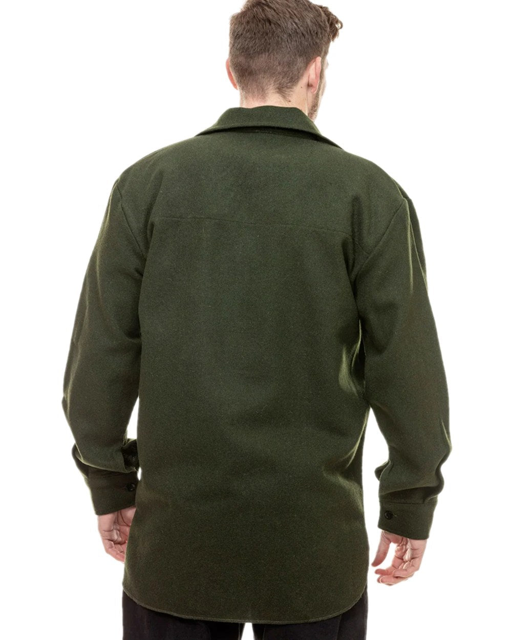 Olive Coloured Swanndri Mens Ranger Wool Zip Front Bushshirt on white background 