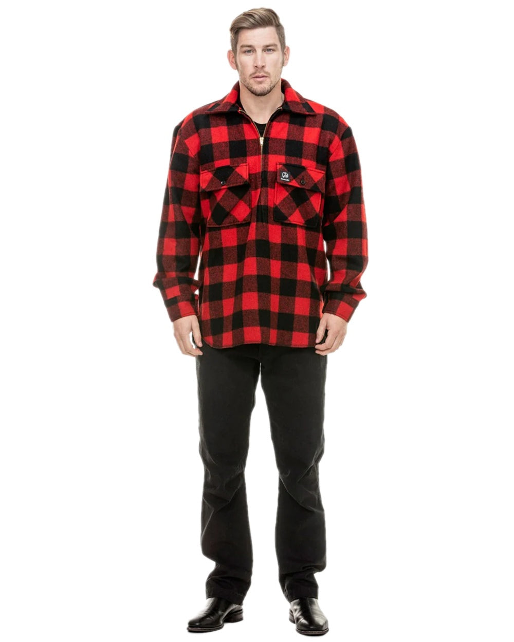 Red Black Check Coloured Swanndri Mens Ranger Wool Zip Front Bushshirt on white background 