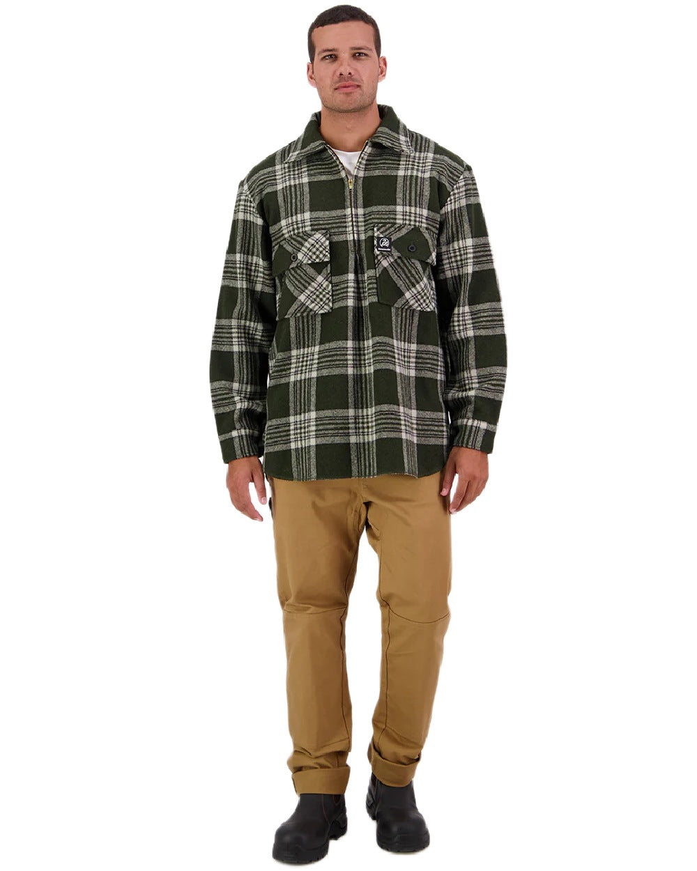 Woodlands Check Coloured Swanndri Mens Ranger Wool Zip Front Bushshirt on white background 