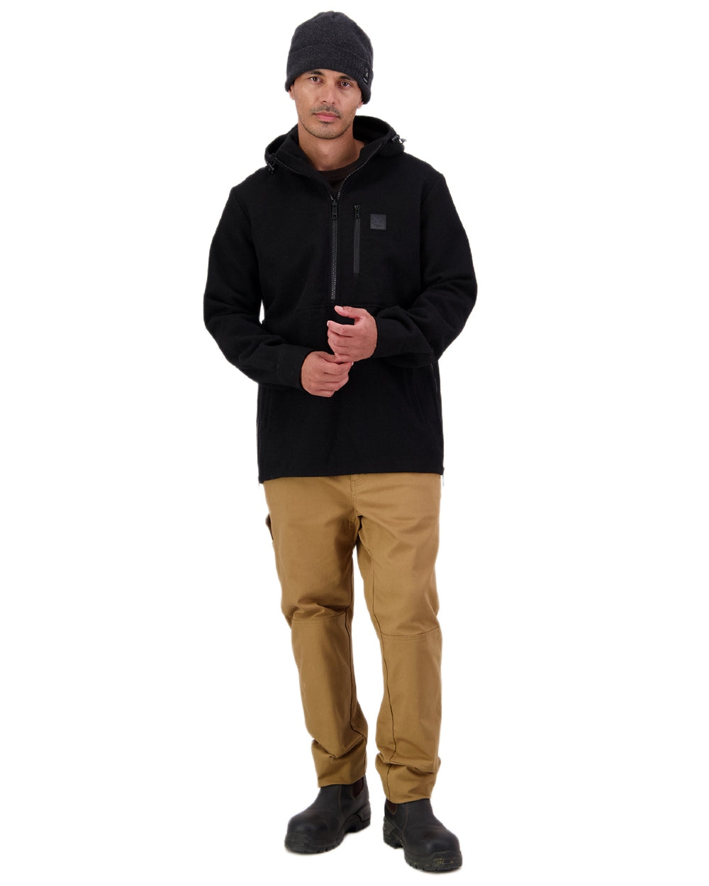 Black Coloured Swanndri Mens Reidston Wool Anorak on white background 