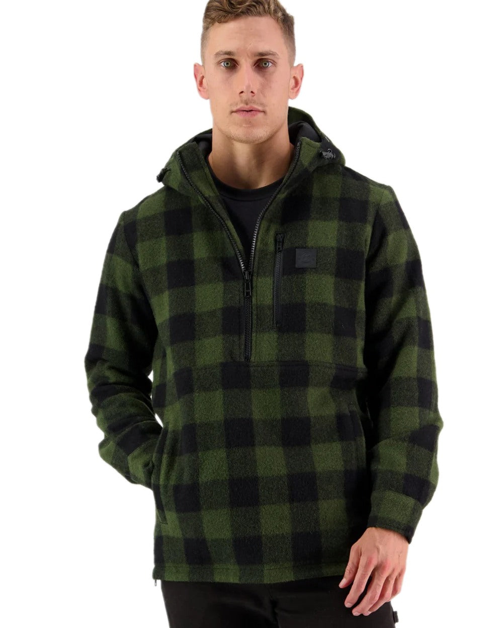 Olive Black Check Coloured Swanndri Mens Reidston Wool Anorak on white background 