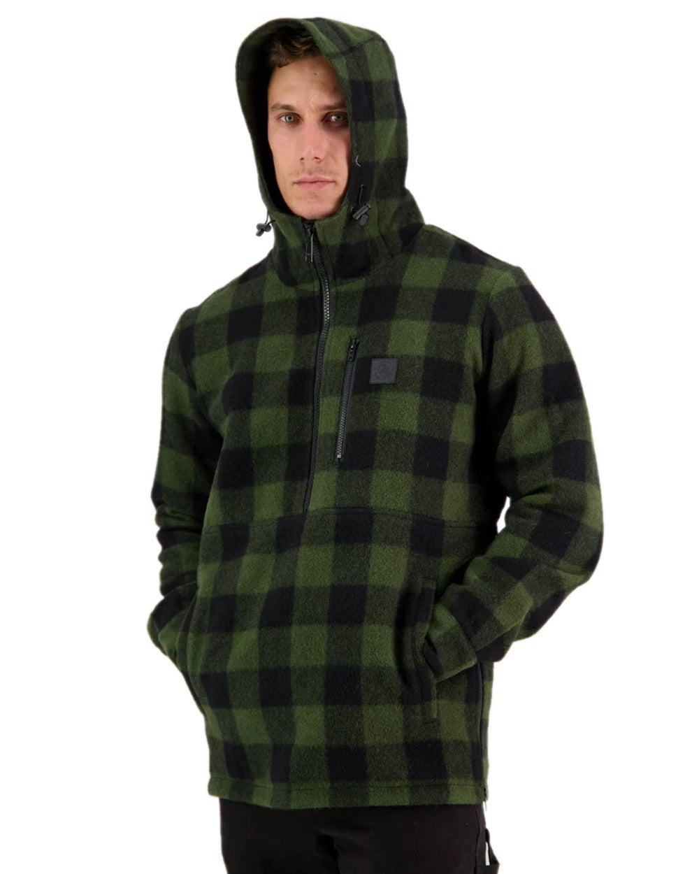 Olive Black Check Coloured Swanndri Mens Reidston Wool Anorak on white background 