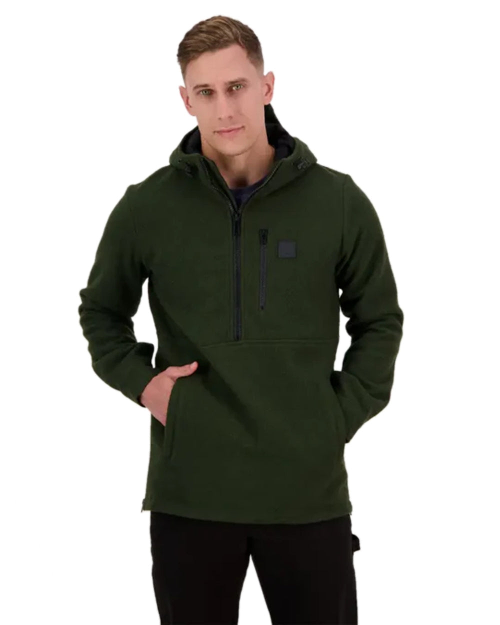 Olive Coloured Swanndri Mens Reidston Wool Anorak on white background 
