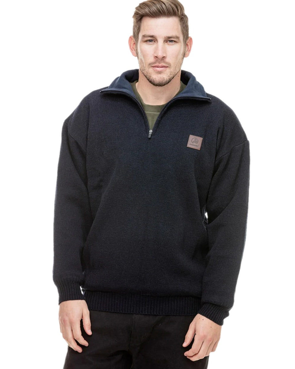 Navy Coloured Swanndri Mens Rhino Stormshield Wool Jersey with Windproof Lining on white background 