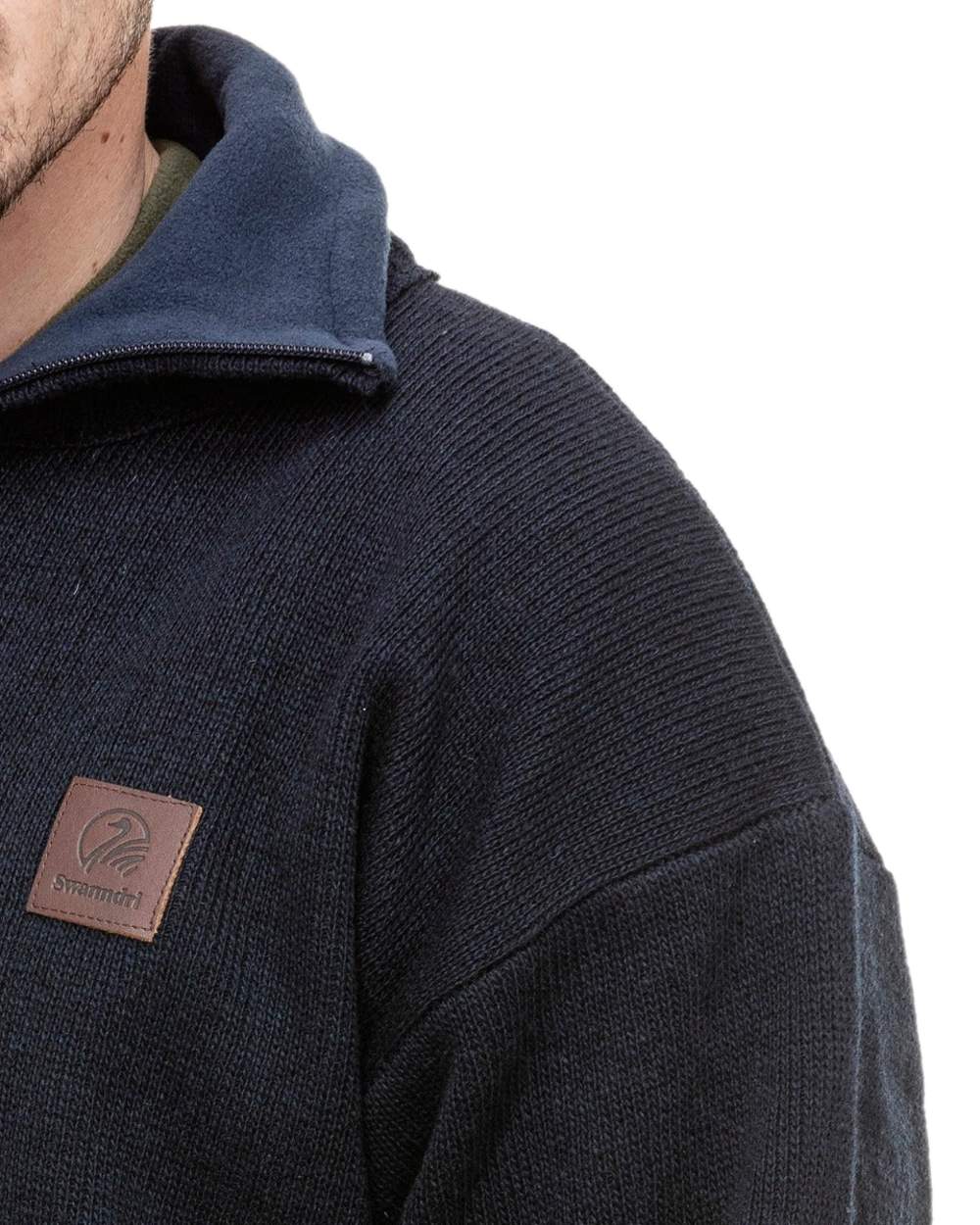 Navy Coloured Swanndri Mens Rhino Stormshield Wool Jersey with Windproof Lining on white background 