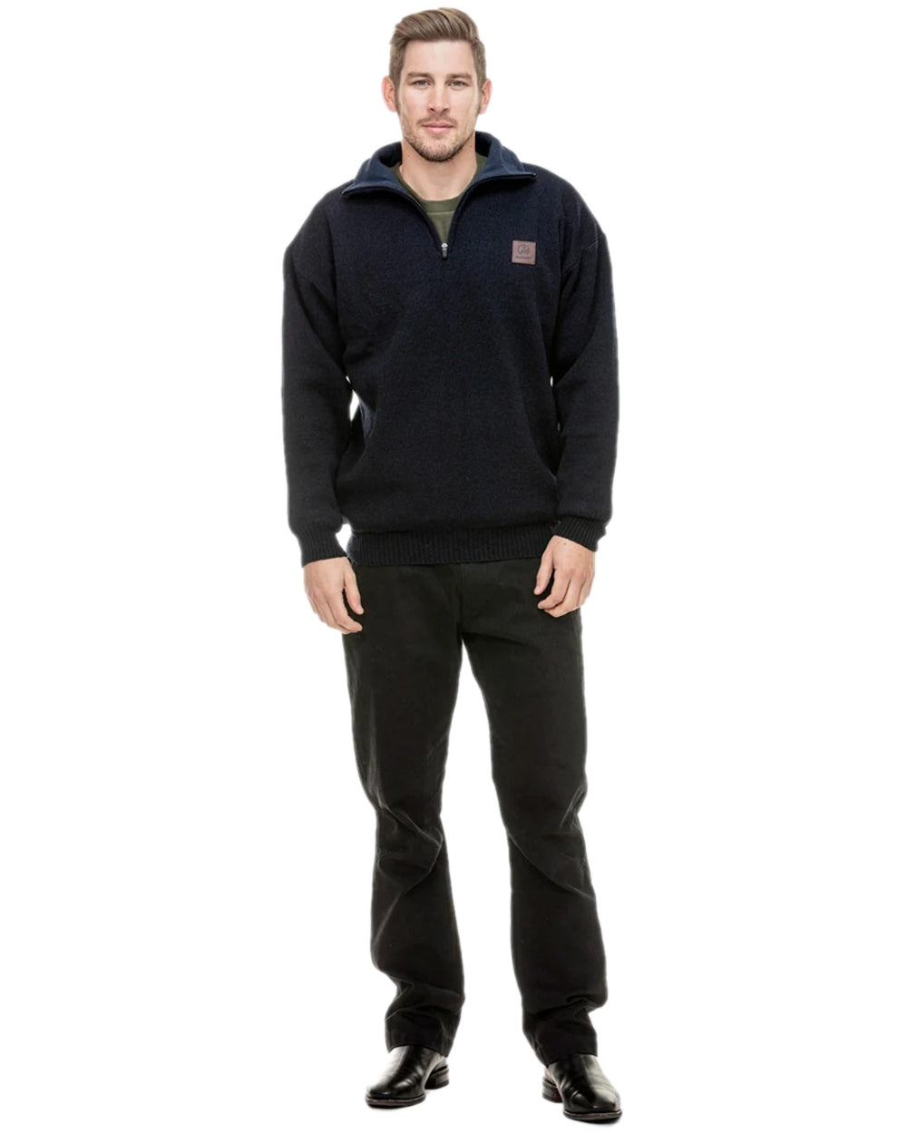 Navy Coloured Swanndri Mens Rhino Stormshield Wool Jersey with Windproof Lining on white background 