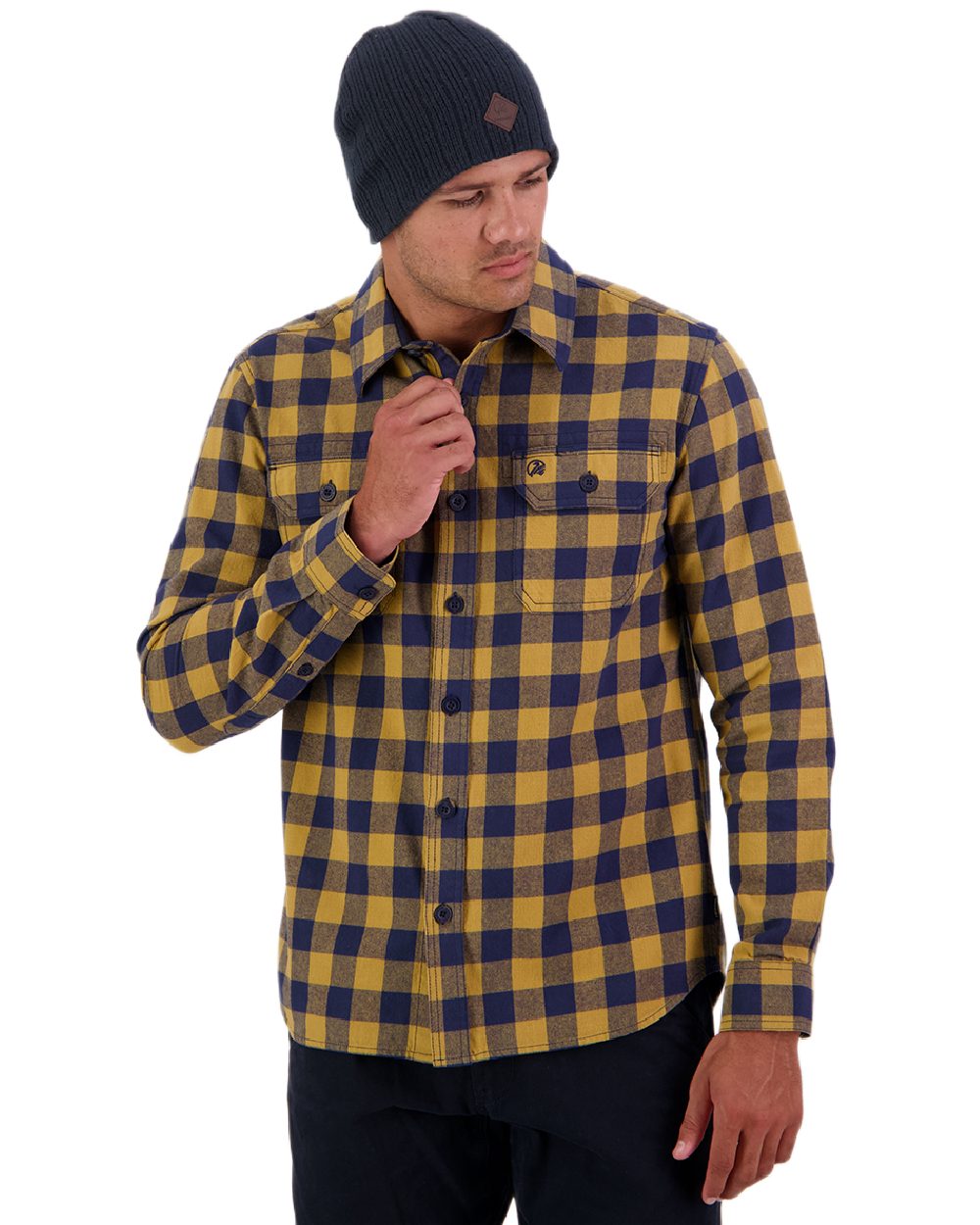 Cashew Navy Coloured Swanndri Mens Taranaki Tailor Long Sleeve Shirt on white background 