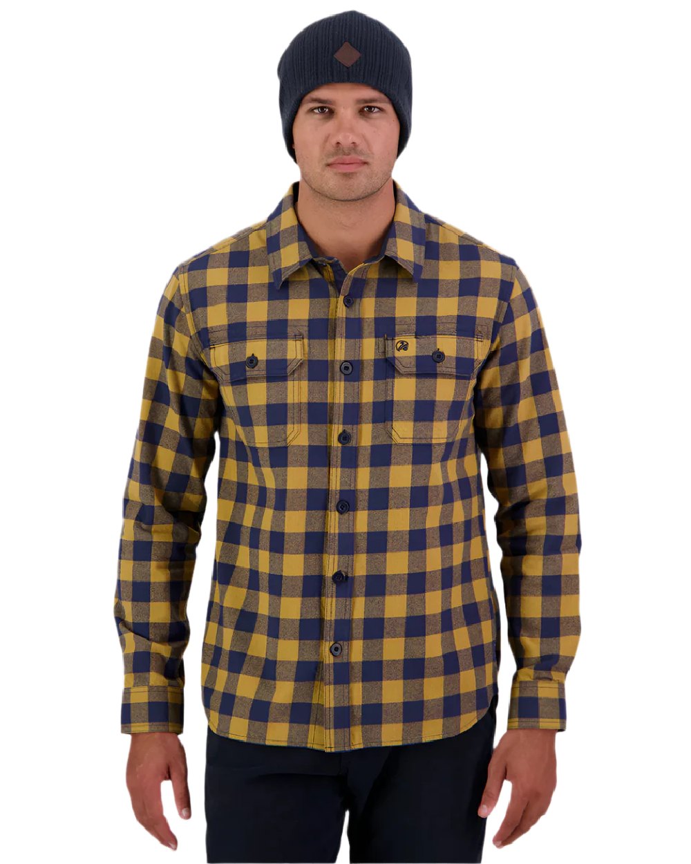 Cashew Navy Coloured Swanndri Mens Taranaki Tailor Long Sleeve Shirt on white background 