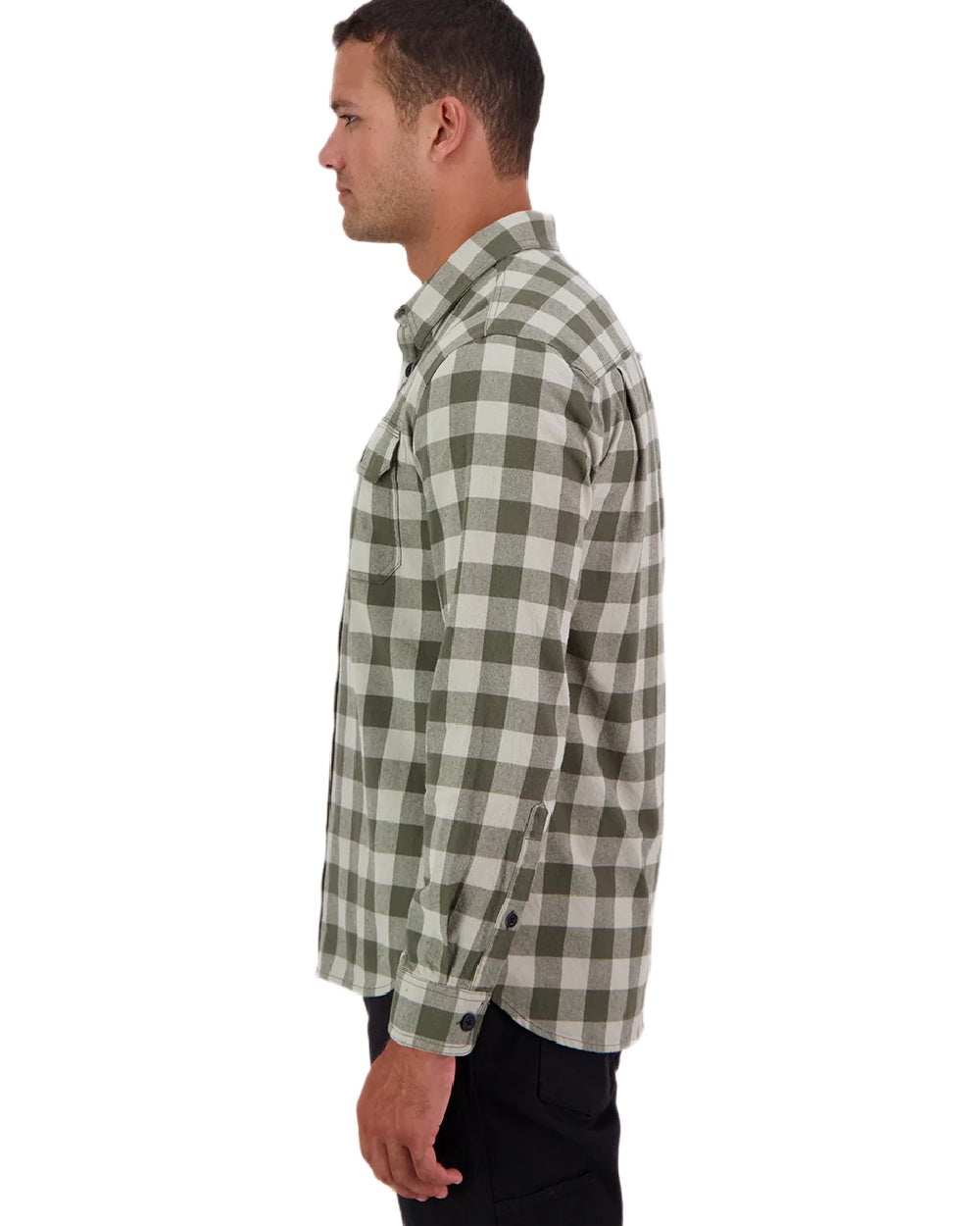 Horizon Grey Dark Olive Coloured Swanndri Mens Taranaki Tailor Long Sleeve Shirt on white background 