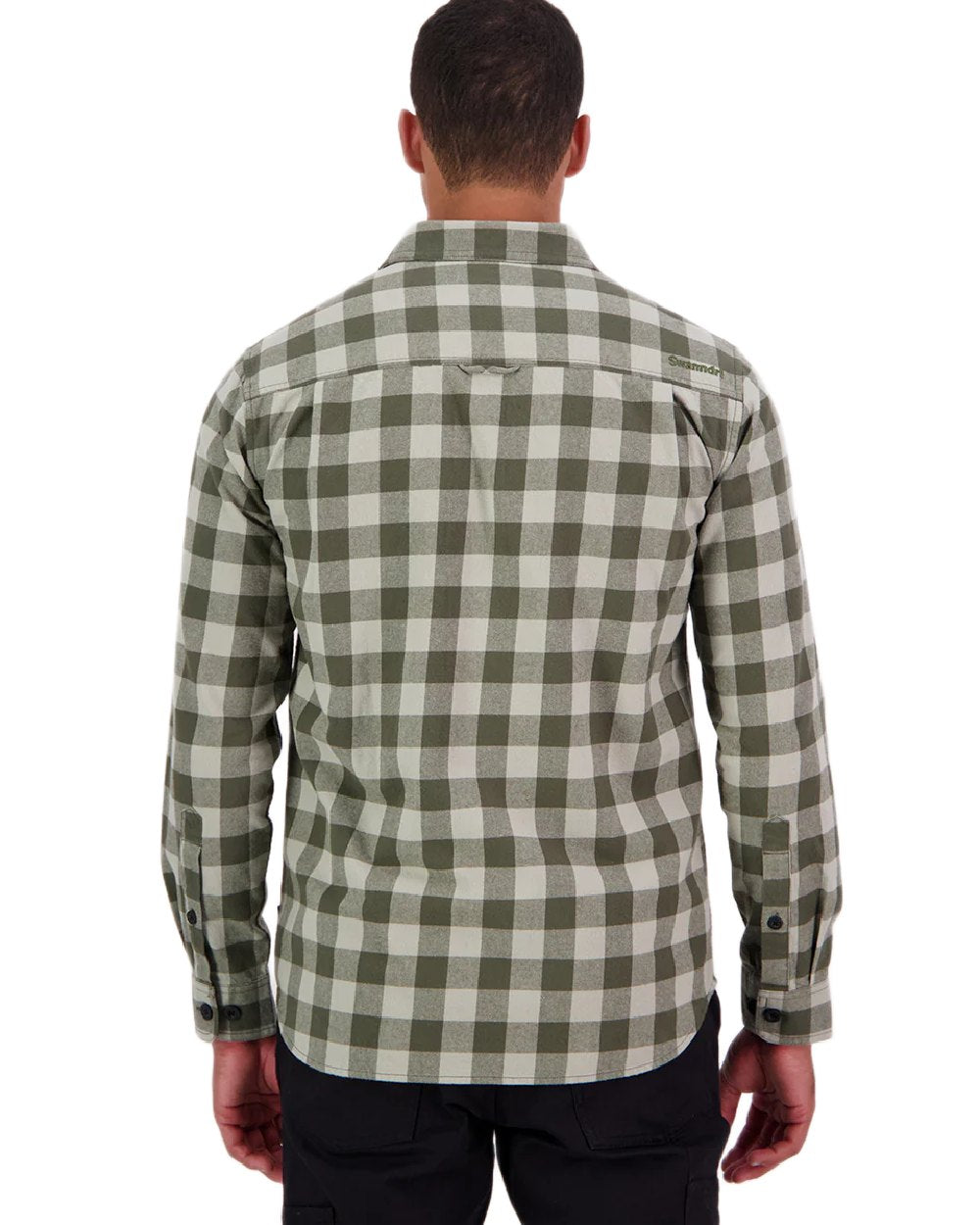 Horizon Grey Dark Olive Coloured Swanndri Mens Taranaki Tailor Long Sleeve Shirt on white background 