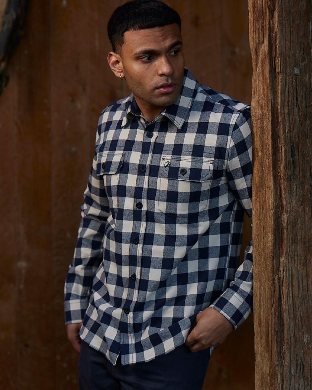 Navy Sandshell Coloured Swanndri Mens Taranaki Tailor Long Sleeve Shirt on outdoor background 