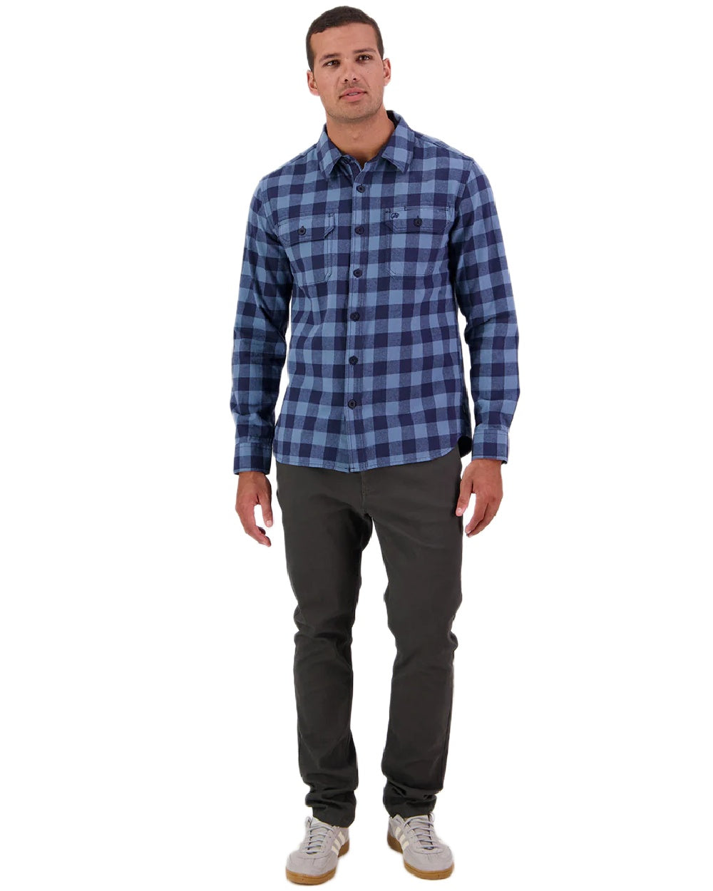 Oceanview Navy Coloured Swanndri Mens Taranaki Tailor Long Sleeve Shirt on white background 