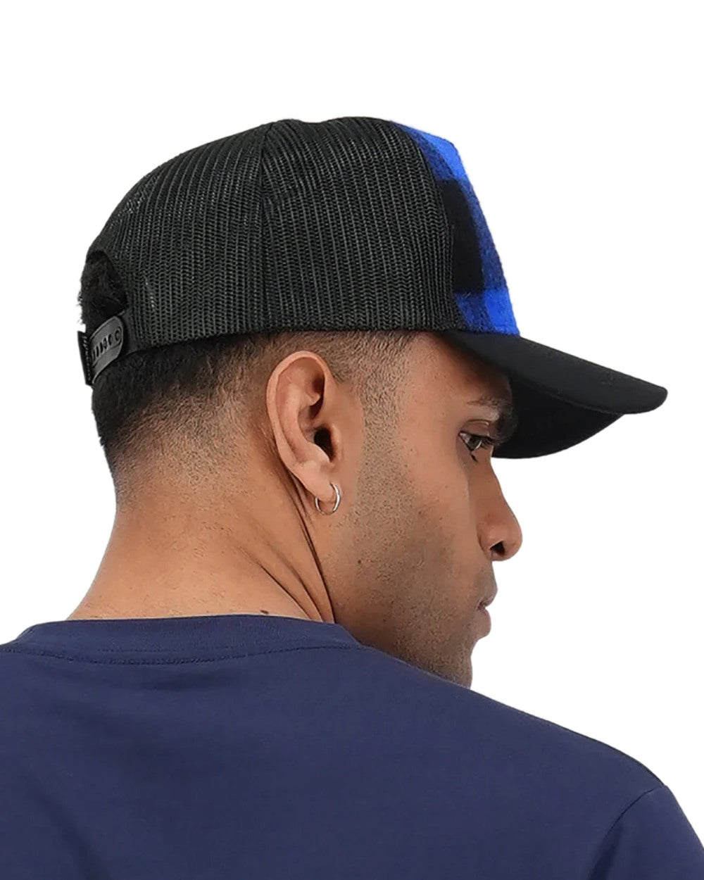 Blue Black Check Coloured Swanndri Swanni Trucker Cap on white background 