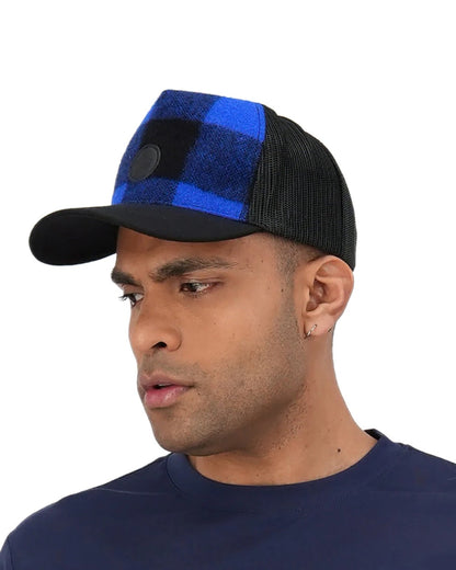 Blue Black Check Coloured Swanndri Swanni Trucker Cap on white background 