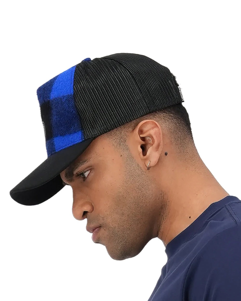 Blue Black Check Coloured Swanndri Swanni Trucker Cap on white background 