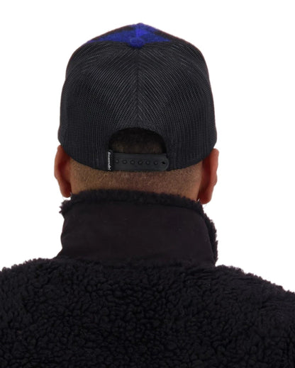Blue Black Check Coloured Swanndri Swanni Trucker Cap on white background 