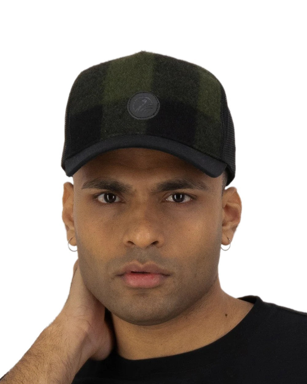 Olive Black Check Coloured Swanndri Swanni Trucker Cap on white background 