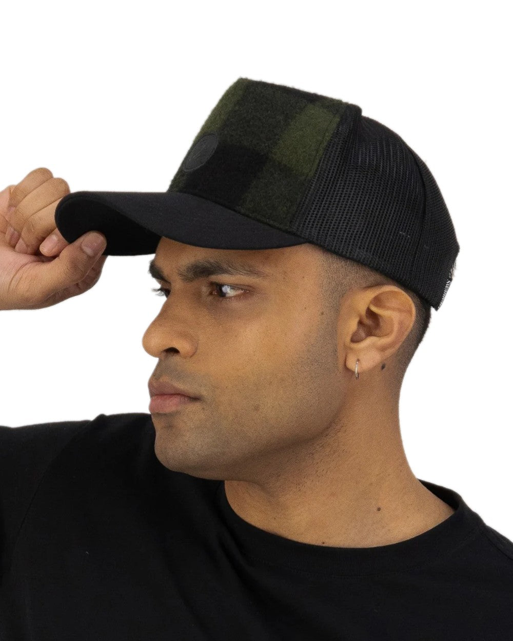 Olive Black Check Coloured Swanndri Swanni Trucker Cap on white background 