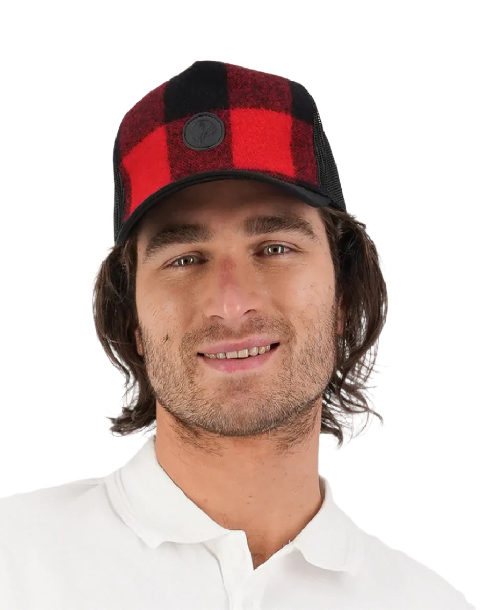 Red Black Check Coloured Swanndri Swanni Trucker Cap on white background 