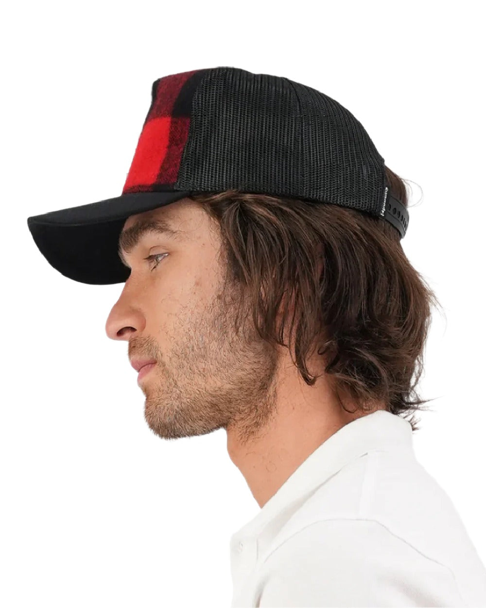 Red Black Check Coloured Swanndri Swanni Trucker Cap on white background 