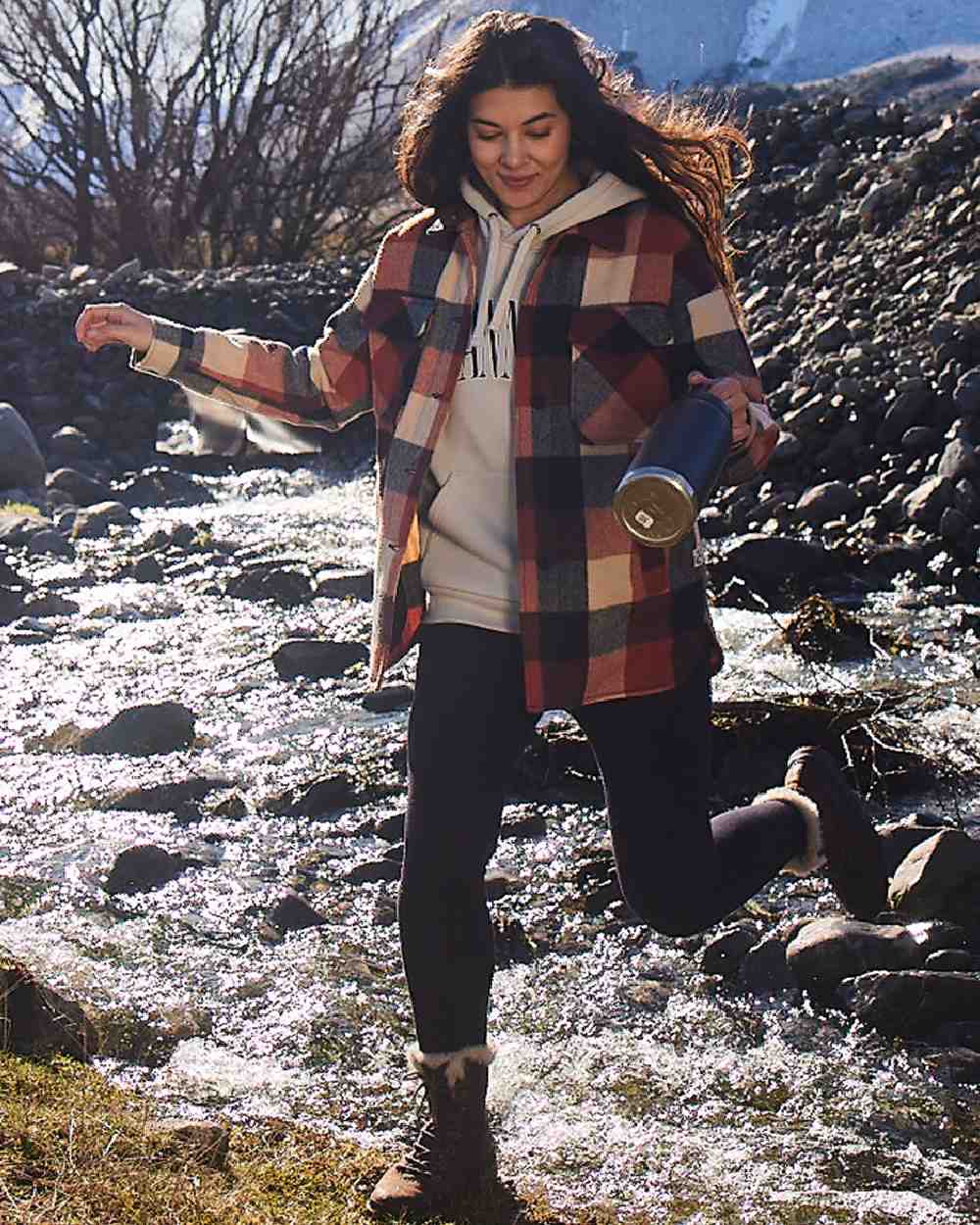Georgia Check Coloured Swanndri Womens Anchorage V2 Wool Shirt Jacket on outdoor background 