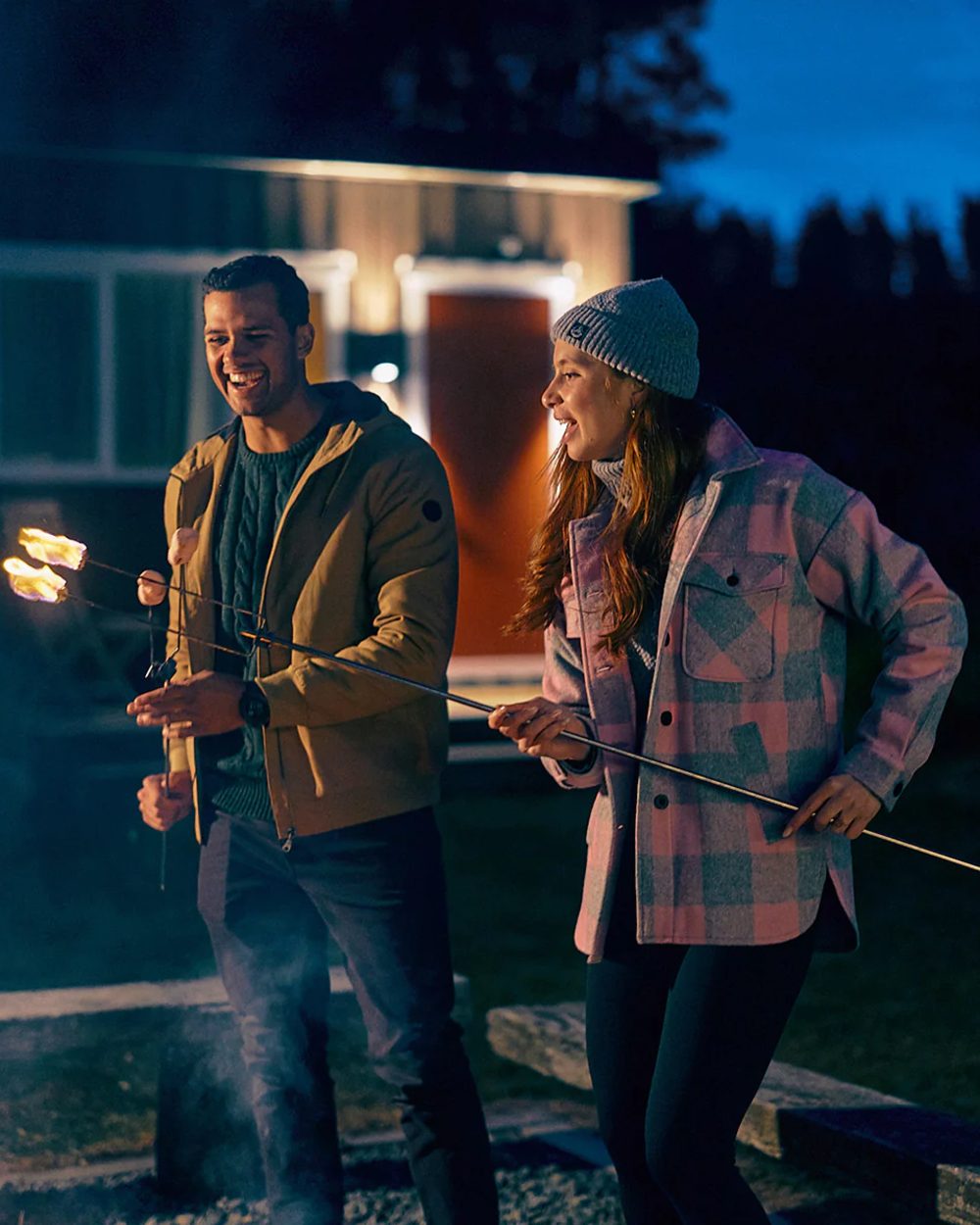 Rose Quartz Check Coloured Swanndri Womens Anchorage V2 Wool Shirt Jacket on campsite background 