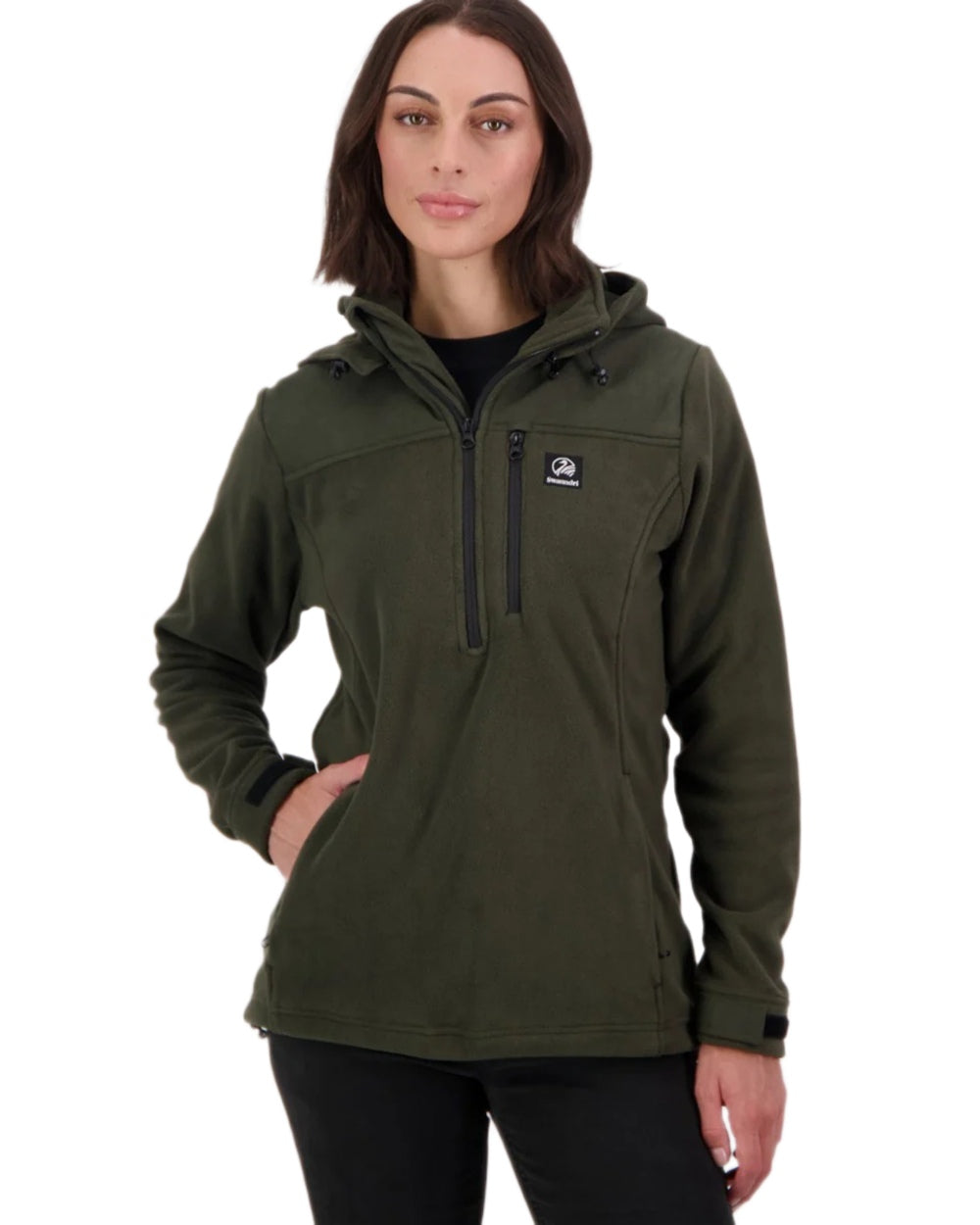 Olive Coloured Swanndri Womens High Rock Fleece Hoodie on white background 