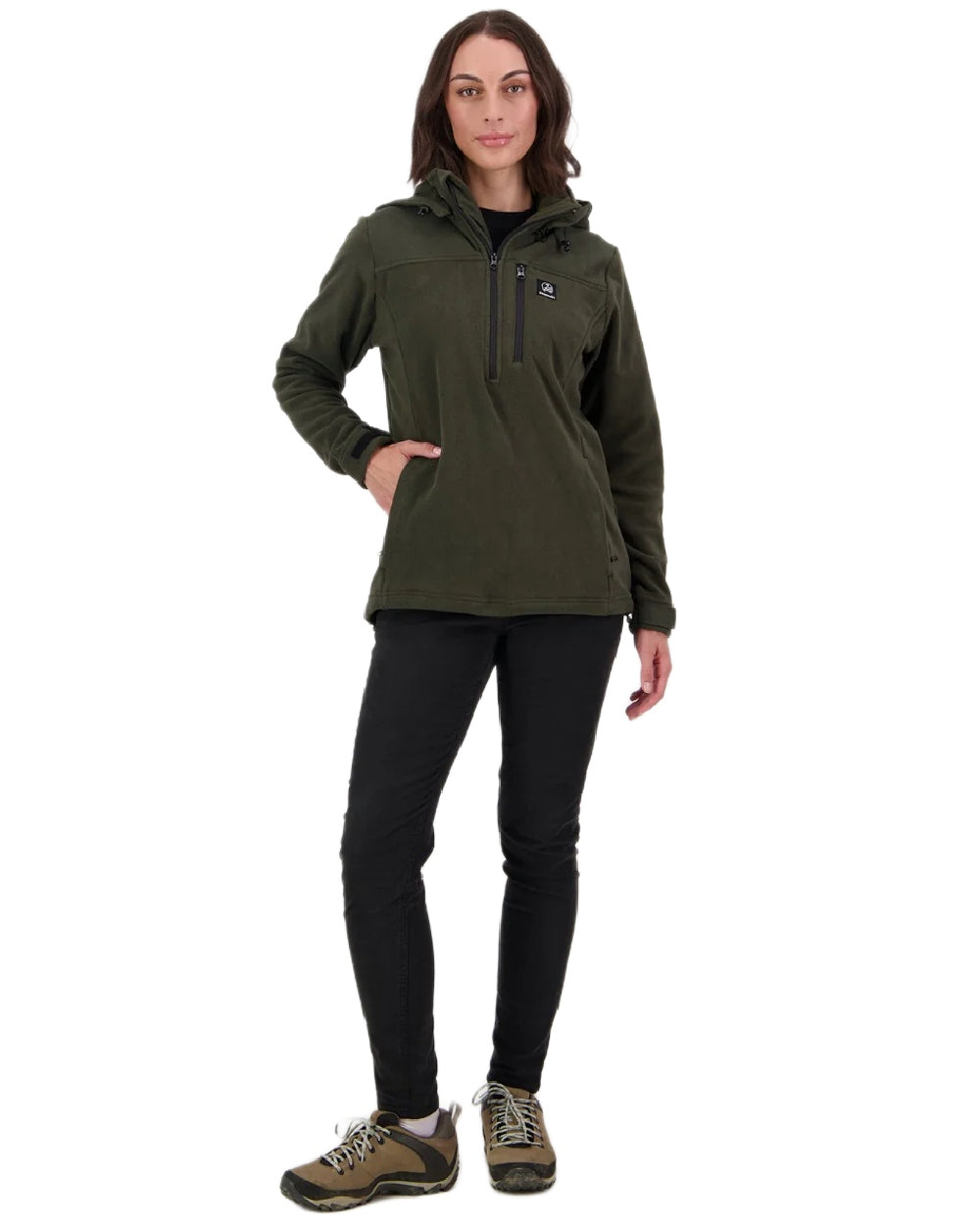 Olive Coloured Swanndri Womens High Rock Fleece Hoodie on white background 