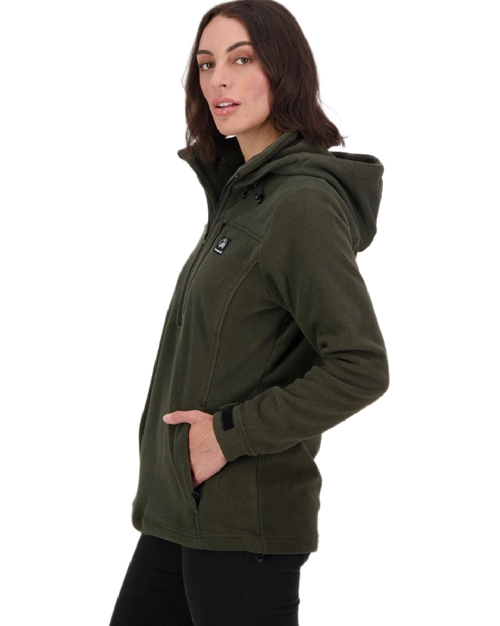 Olive Coloured Swanndri Womens High Rock Fleece Hoodie on white background 