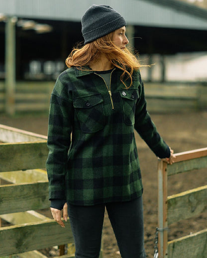 Olive Black Check Coloured Swanndri Womens Ranger Wool Bush Shirt on outdoor background 
