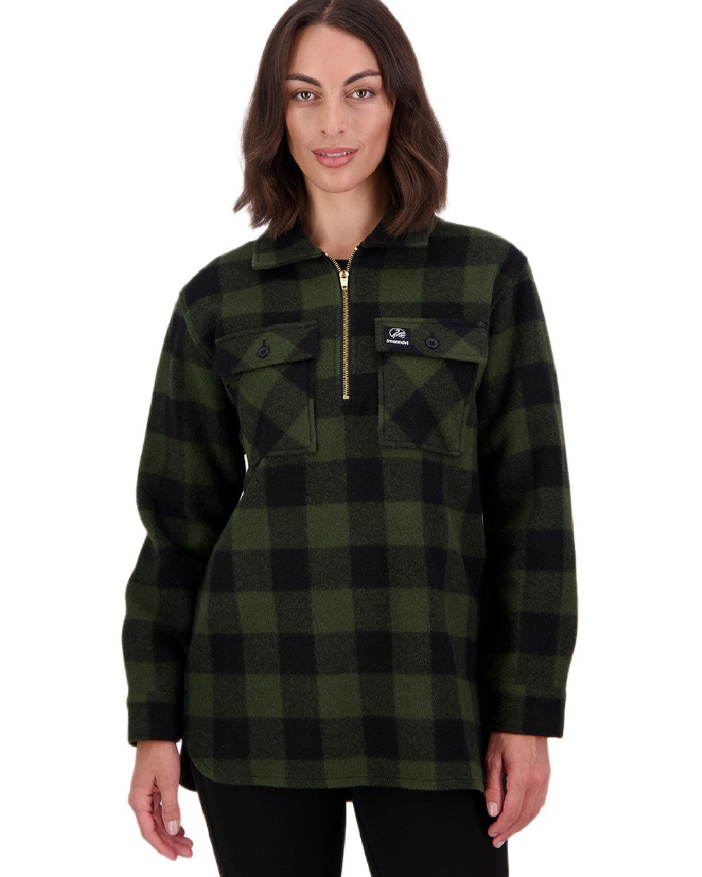 Olive Black Check Coloured Swanndri Womens Ranger Wool Bush Shirt on white background 