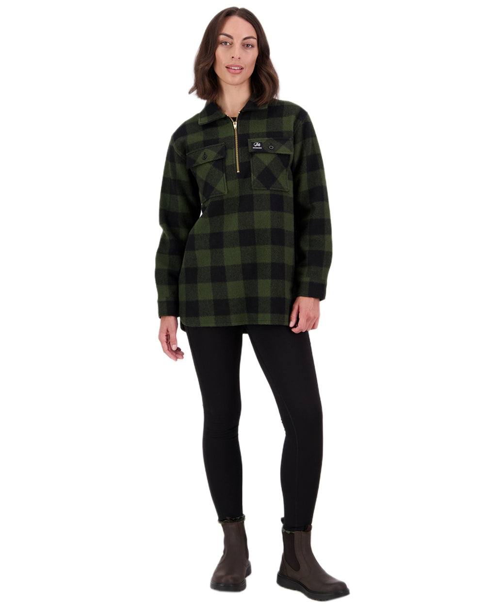 Olive Black Check Coloured Swanndri Womens Ranger Wool Bush Shirt on white background 