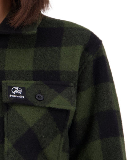 Olive Black Check Coloured Swanndri Womens Ranger Wool Bush Shirt on white background 