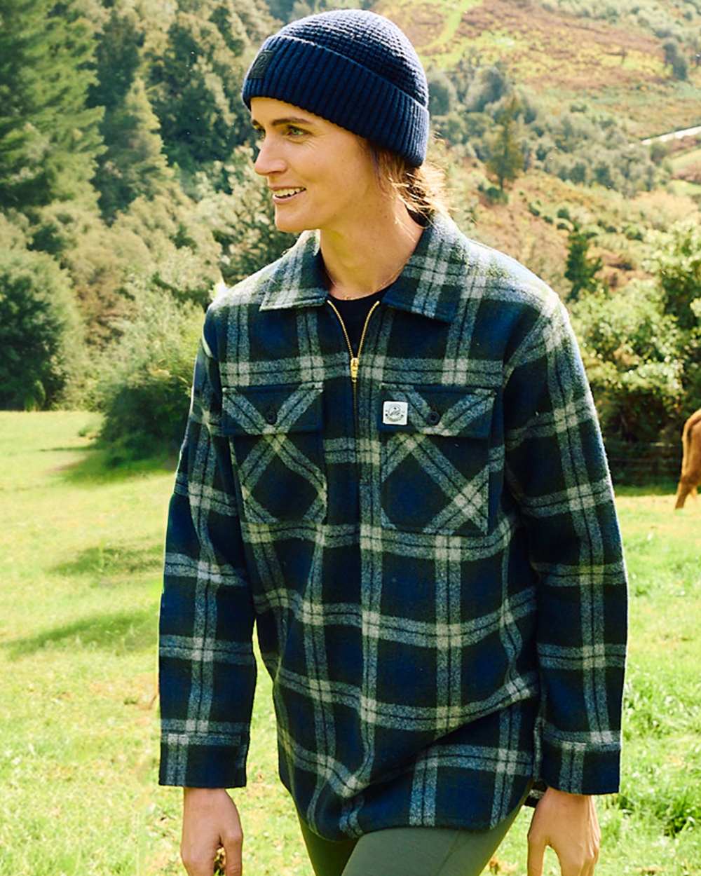 Thornton Check Coloured Swanndri Womens Ranger Wool Bush Shirt on mountain background 