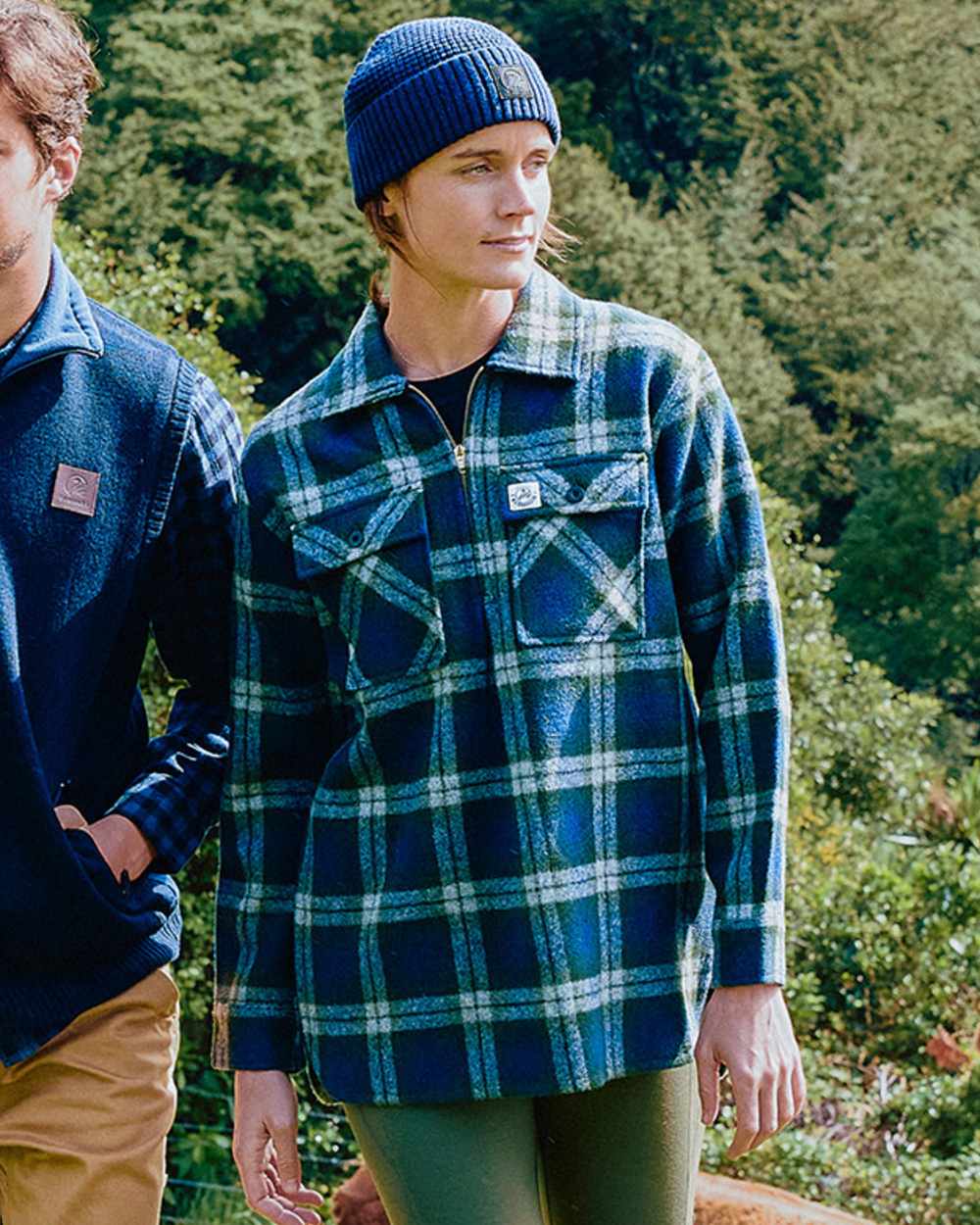 Thornton Check Coloured Swanndri Womens Ranger Wool Bush Shirt on mountain background 