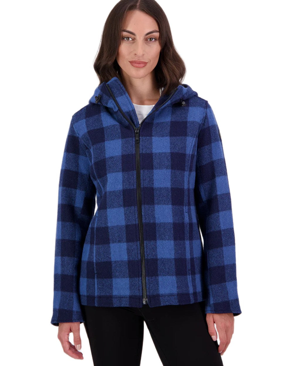 Oceanview Navy Check Coloured Swanndri Womens Seattle V2 Wool Hooded Sweater on white background 