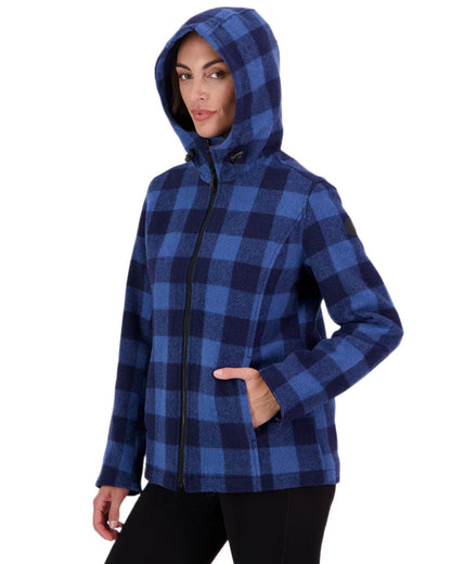 Oceanview Navy Check Coloured Swanndri Womens Seattle V2 Wool Hooded Sweater on white background 