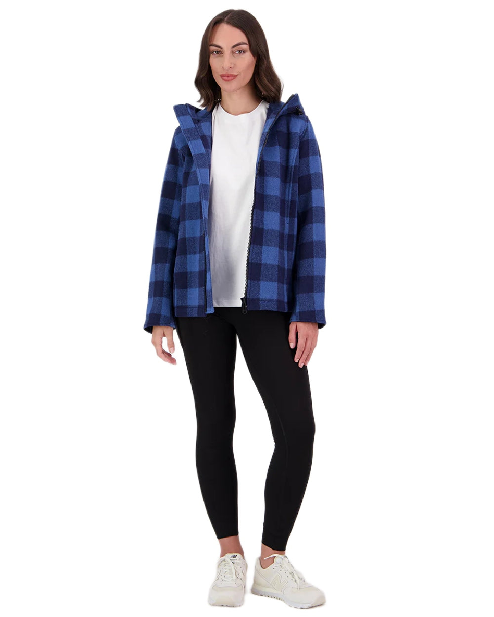 Oceanview Navy Check Coloured Swanndri Womens Seattle V2 Wool Hooded Sweater on white background 