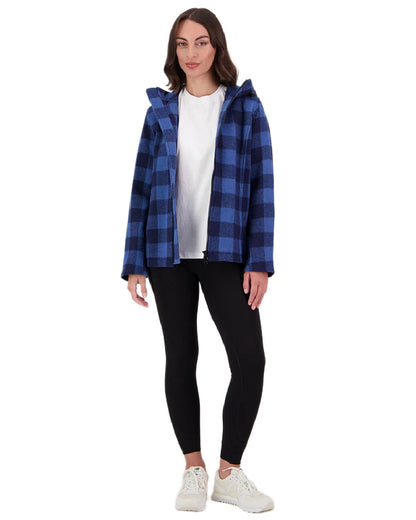 Oceanview Navy Check Coloured Swanndri Womens Seattle V2 Wool Hooded Sweater on white background 