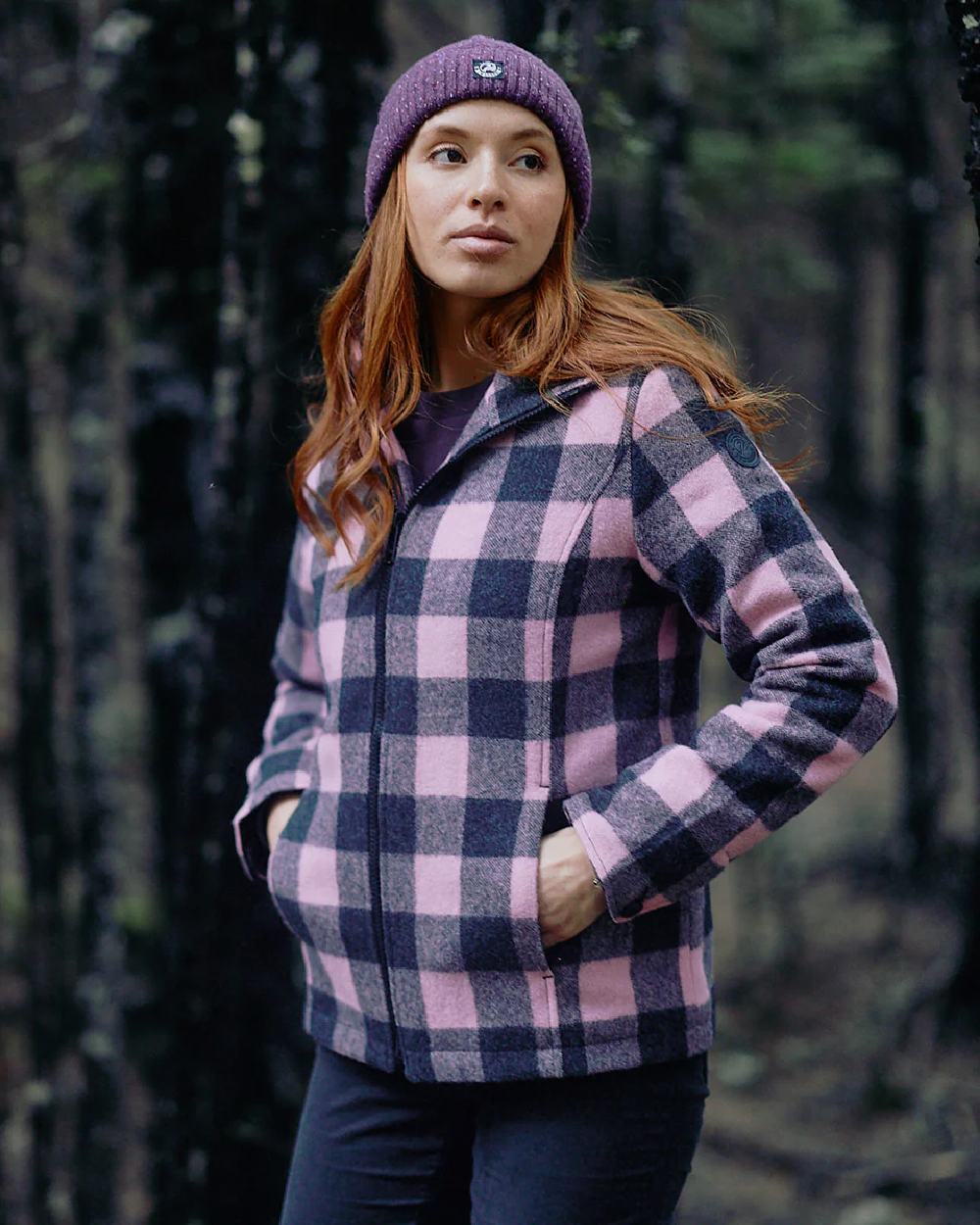 Shadow Blossom Check Coloured Swanndri Womens Seattle V2 Wool Hooded Sweater on outdoor background 