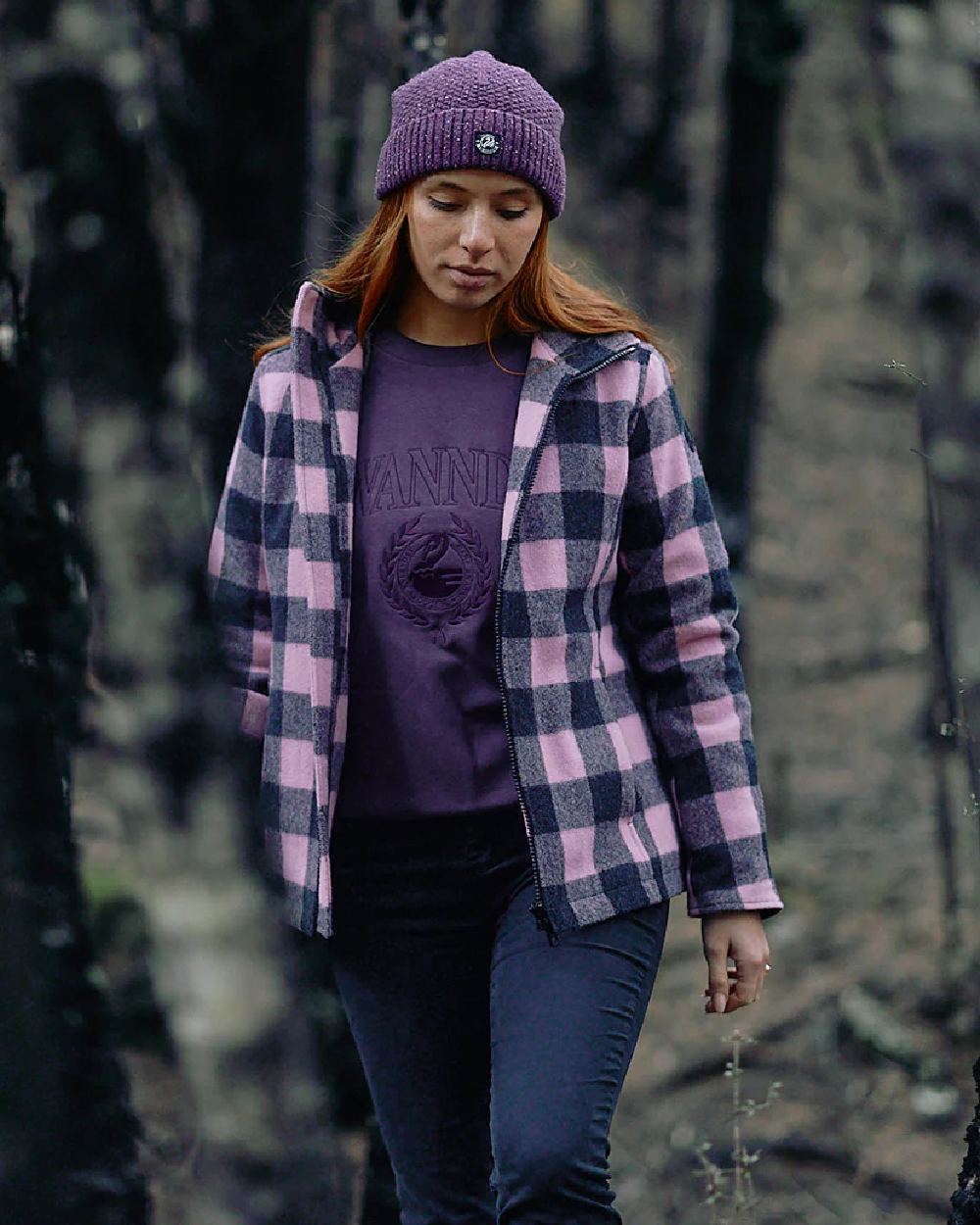 Shadow Blossom Check Coloured Swanndri Womens Seattle V2 Wool Hooded Sweater on outdoor background 