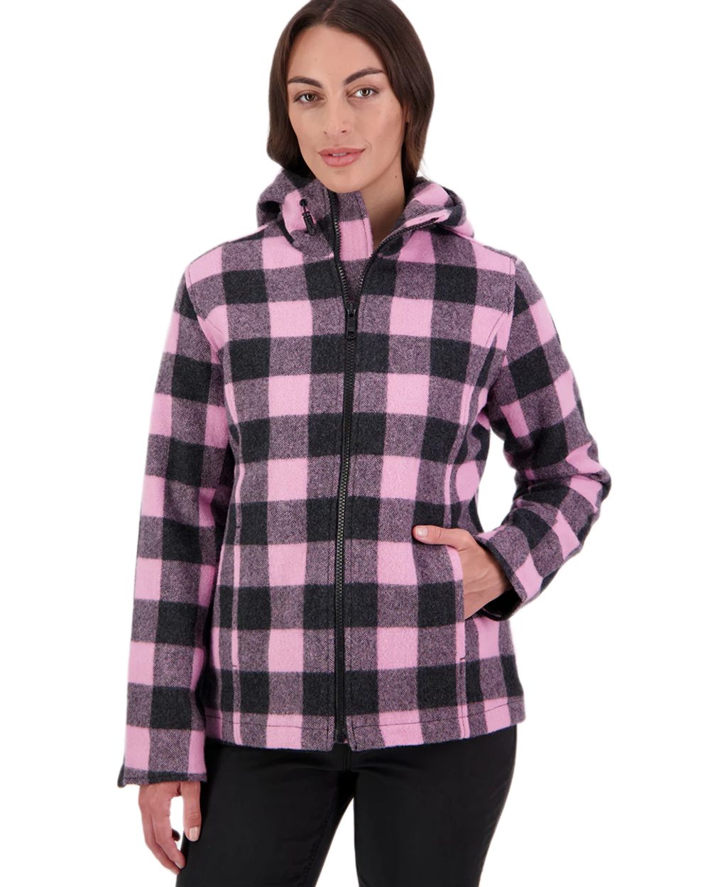 Shadow Blossom Check Coloured Swanndri Womens Seattle V2 Wool Hooded Sweater on white background 