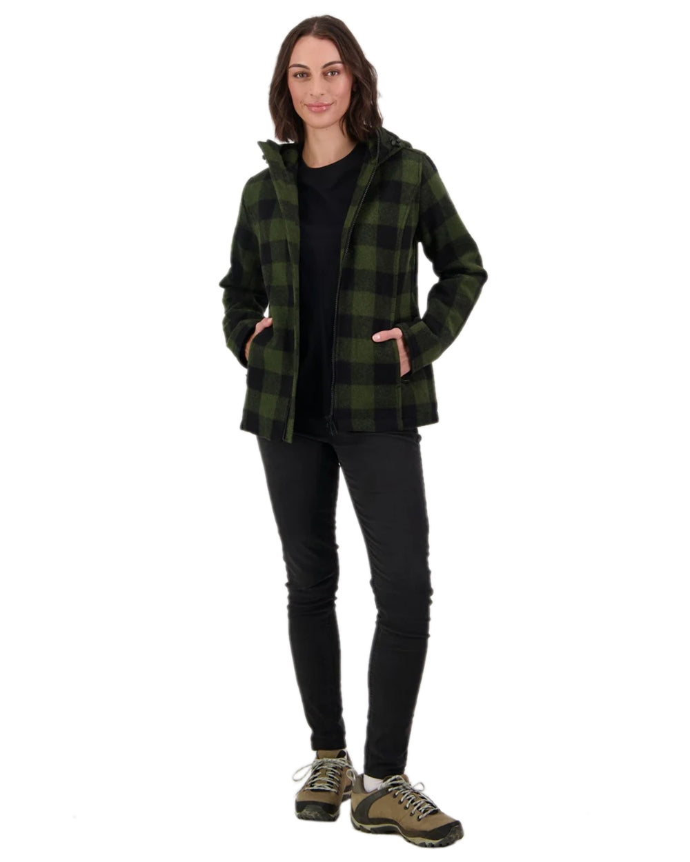 Olive Black Check Coloured Swanndri Womens Seattle V2 Wool Hoodie on white background 