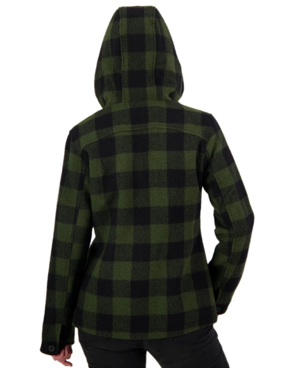 Olive Black Check Coloured Swanndri Womens Seattle V2 Wool Hoodie on white background 