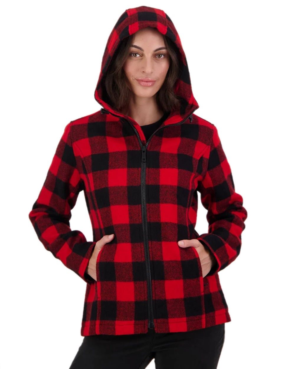 Red Black Check Coloured Swanndri Womens Seattle V2 Wool Hoodie on white background 