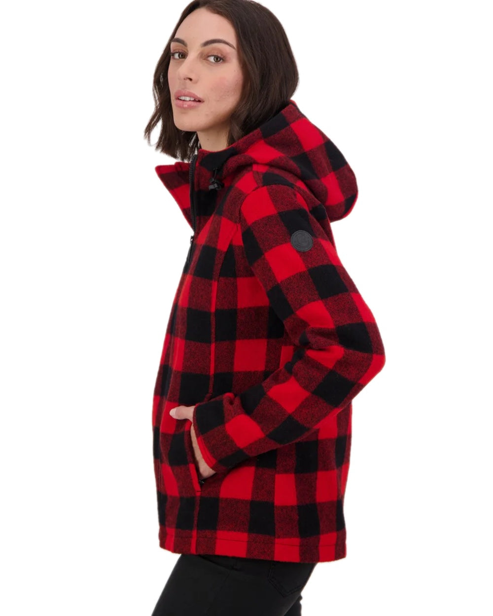 Red Black Check Coloured Swanndri Womens Seattle V2 Wool Hoodie on white background 